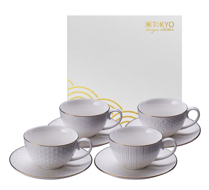 Weiß / Goldenes Tasse und Untertasse Set - Nippon White - Set von 4 Stück - 250ml – Bild 2