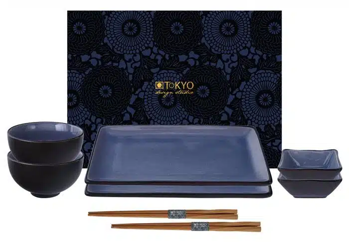 Schwarz / Blaues Sushi-Set mit Essstäbchen - Glasblau - 8-teiliges Set