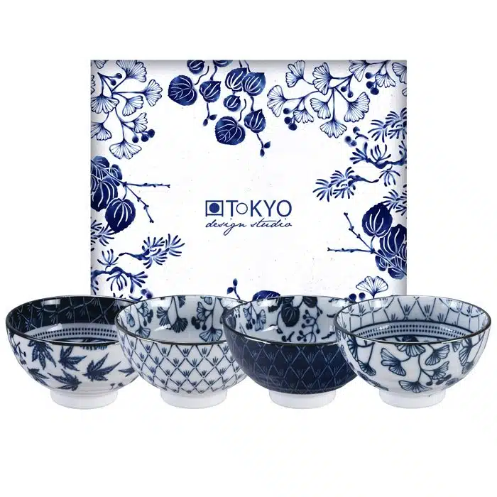 Blau / Weiße Schüssel Set - Flora Japonica - Set von 4 Stück - 12 x 6,3 cm 300 ml