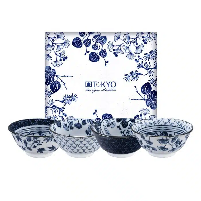 Blau / Weißes Schüssel Set - Flora Japonica - Set von 4 Stück - 15,5x7cm 500 ml