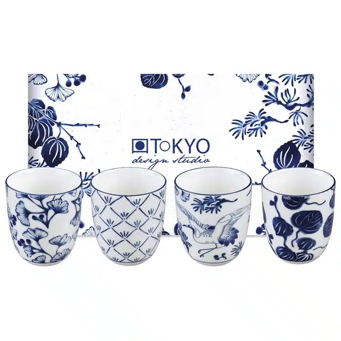 Blau / Weißes Becherset - Flora Japonica - 4er Set - 6,7 x 7,7 cm 170 ml