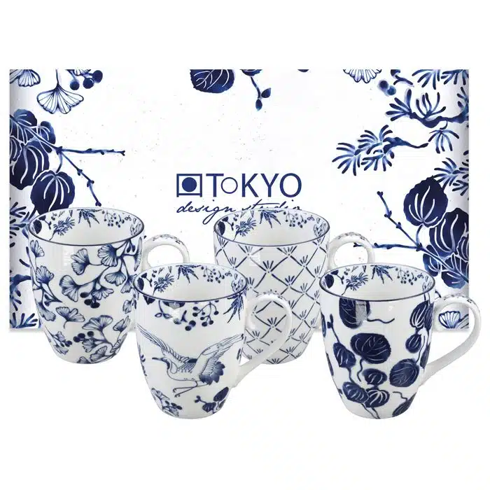 Blau / Weißes Becherset - Flora Japonica - 4er Set - 8,5 x 10,2 cm 380 ml