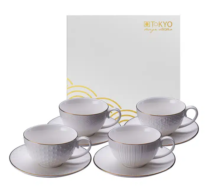 Weiß / Goldenes Tasse und Untertasse Set - Nippon White - Set von 4 Stück - 100ml