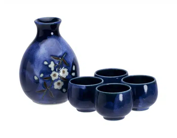 Blau / Weiße Sake Set - Blue Sakura - 3.7x12cm 290ml + 50ml