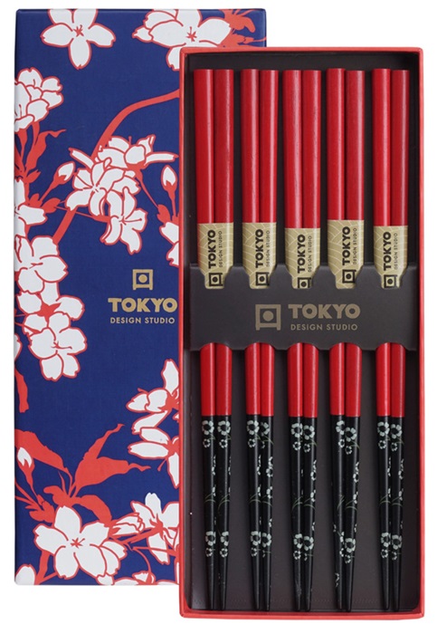 Tokyo Design Studio – Eetstokjes Giftbox – Rood Zwart Bloem – 5 stuks