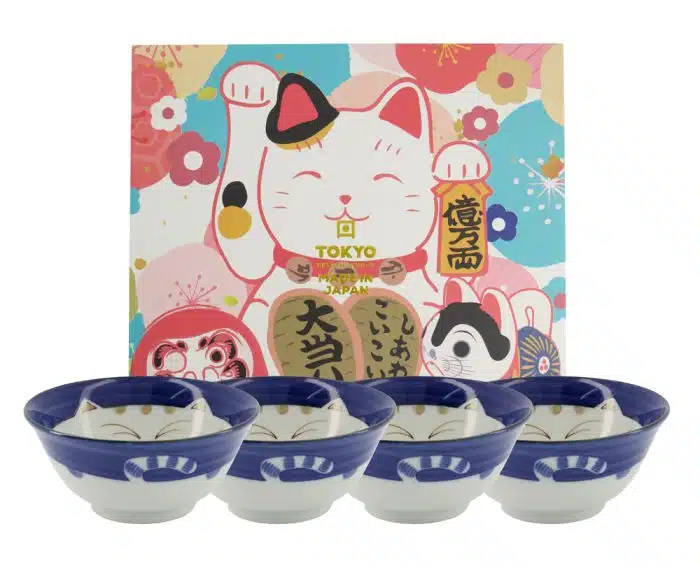 Tokyo Design Studio - Gemischte Schalen - Kawaii - Geschenkset - Blaue Luckycat - 4 Stück 15x7cm