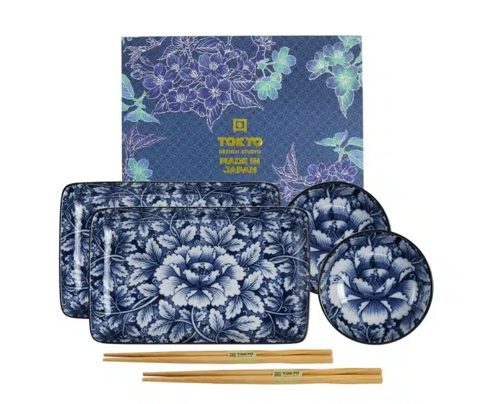 Tokyo Design Studio – Botan – Sushi-Teller-Set mit Essstäbchen – 6-teiliges Set – 20.5 x 13.2 cm & 9.4 x 3.1cm