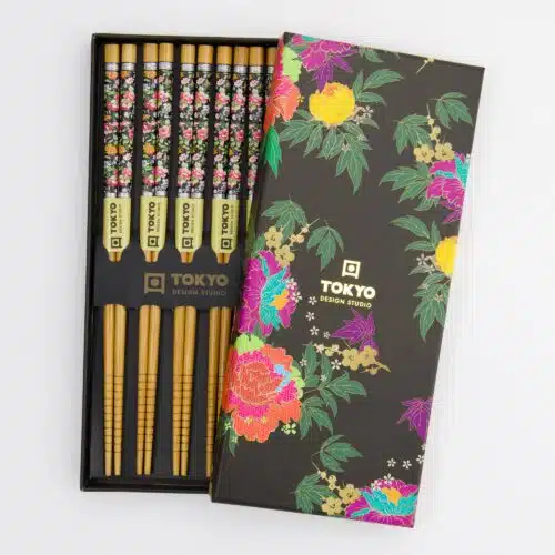 Set van 5 paar luxe eetstokjes Traditioneel Japans bloemenontwerp Duurzaam en herbruikbaar Geschikt voor sushi, ramen en andere Aziatische gerechten Tokyo Design Studio – Cadeauset Chopsticks – 5 paar – Bloemenmotief