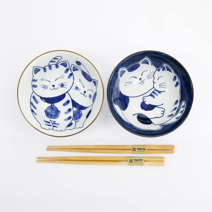 Tokyo Design Studio - Kawaii - Tayo Schalen Geschenkset 2-teilig mit Essstäbchen - Katze - 14.9x6.7cm - 500ml - 4. Variante – Bild 3