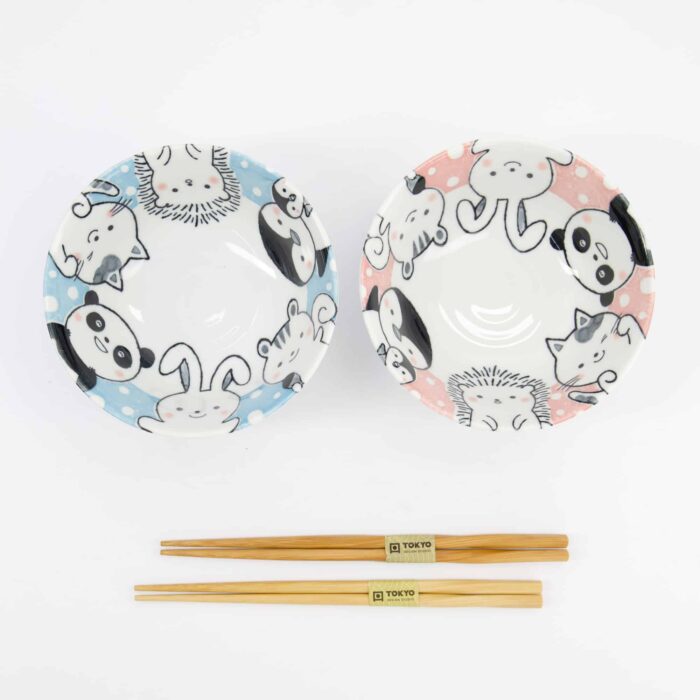 Tokyo Design Studio - Kawaii - Tiere - Tayo Schalen Geschenkset - 2 Stück mit Essstäbchen - 15.2x6.7cm - 500ml - Blau/Rosa – Bild 4