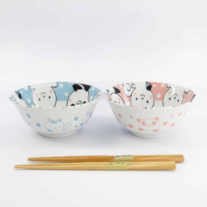 Tokyo Design Studio - Kawaii - Tiere - Tayo Schalen Geschenkset - 2 Stück mit Essstäbchen - 15.2x6.7cm - 500ml - Blau/Rosa – Bild 6