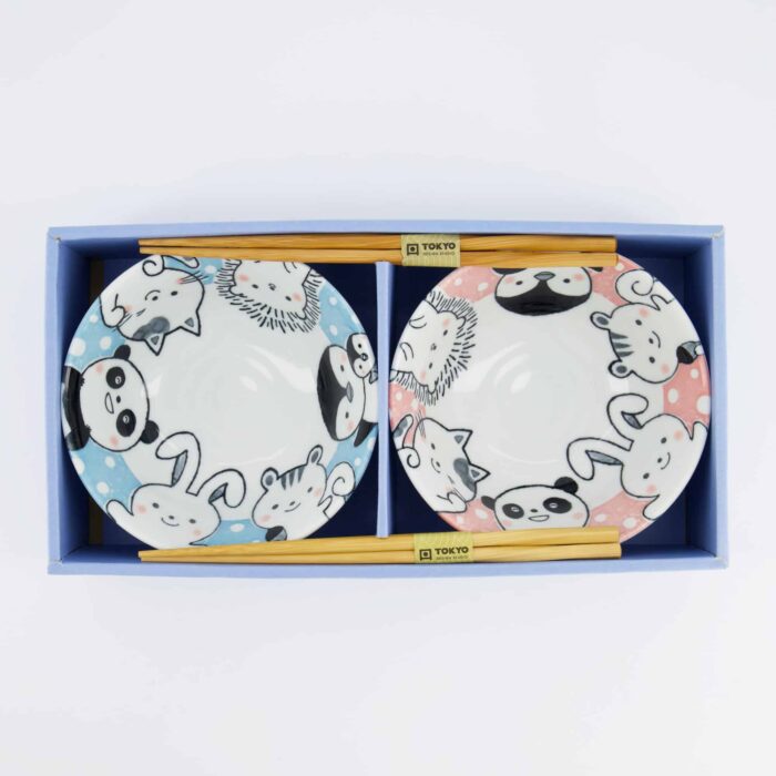 Tokyo Design Studio - Kawaii - Tiere - Tayo Schalen Geschenkset - 2 Stück mit Essstäbchen - 15.2x6.7cm - 500ml - Blau/Rosa – Bild 3