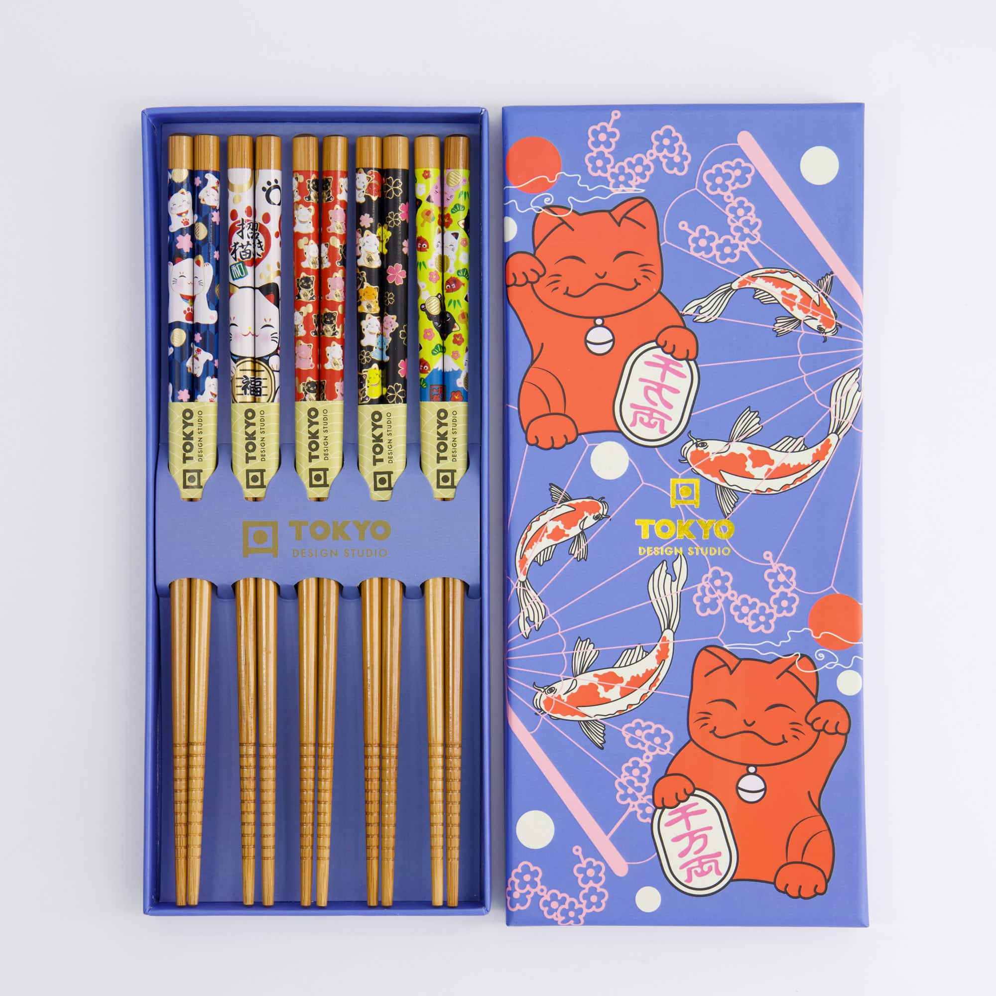 Tokyo Design Studio - Essstäbchen Geschenkset - 5er Set - Glückskatze & Koi-Karpfen – Bild 2