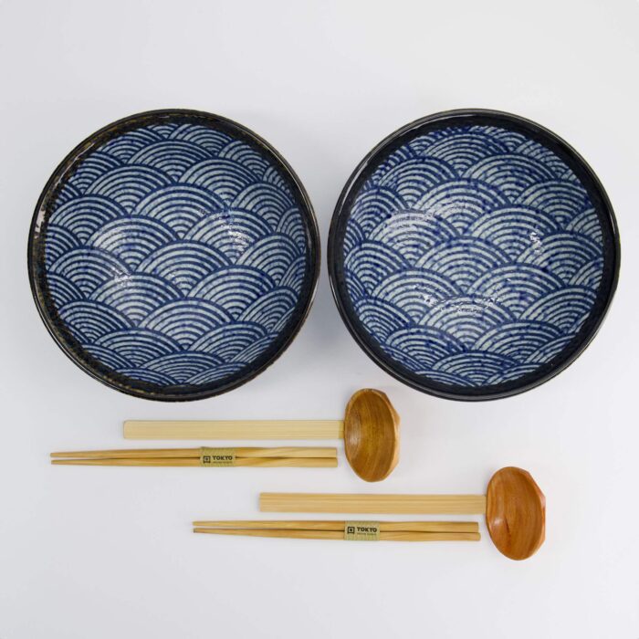 Tokyo Design Studio - Aisai Seigaiha - Ramen Schüssel Geschenkset - 6-teilig - Blau - 21,5x9cm - 1300ml – Bild 2