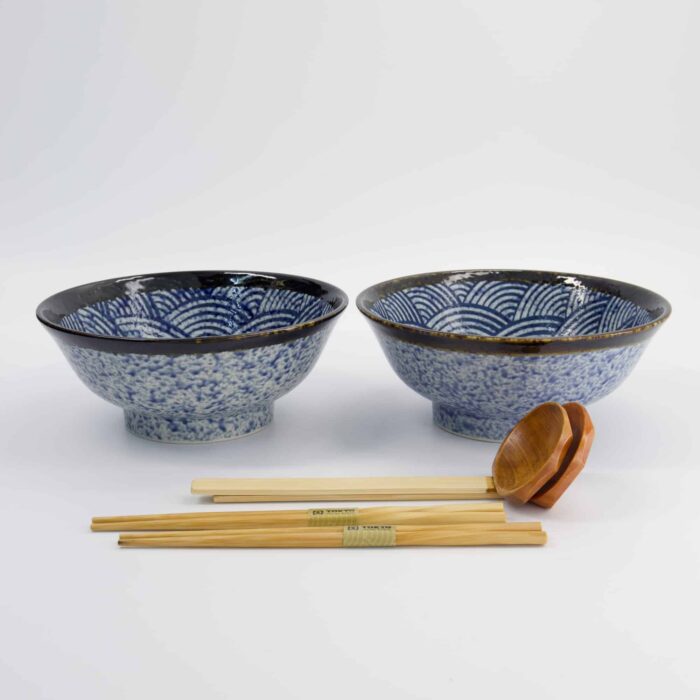 Tokyo Design Studio - Aisai Seigaiha - Ramen Schüssel Geschenkset - 6-teilig - Blau - 21,5x9cm - 1300ml – Bild 3
